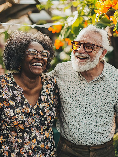 Um casal de idosos se abraçam e sorriem