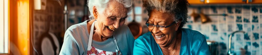Duas amigas 60+, conversam divertidamente enquanto cozinham