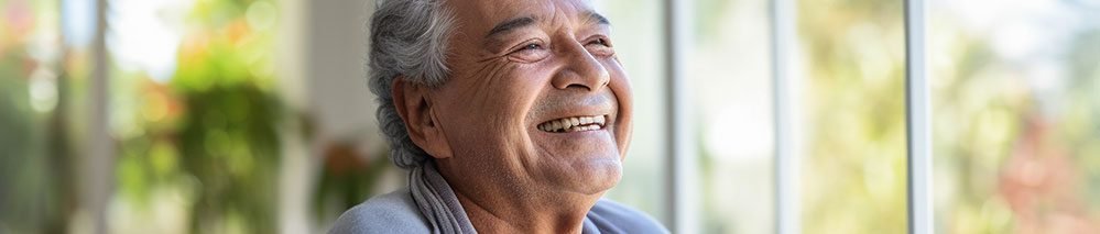 Um senhor de cabelos grisalhos e blusa azul clara, sorri em sua cadeira