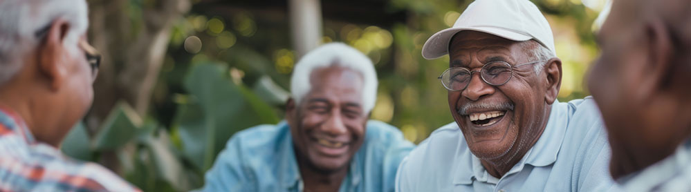 Quatro amigos 60+ estão sentados ao redor de uma mesa e estão conversando