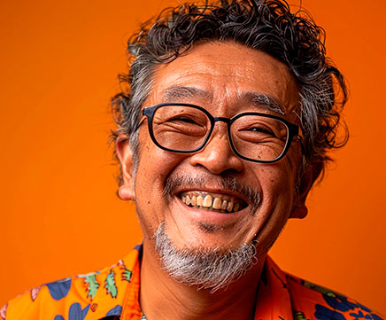 Senhor idoso de descendência oriental, sorri. Ele usa óculos e veste uma camisa laranja