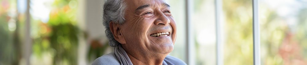 Um senhor de cabelos grisalhos e blusa azul clara, sorri em sua cadeira